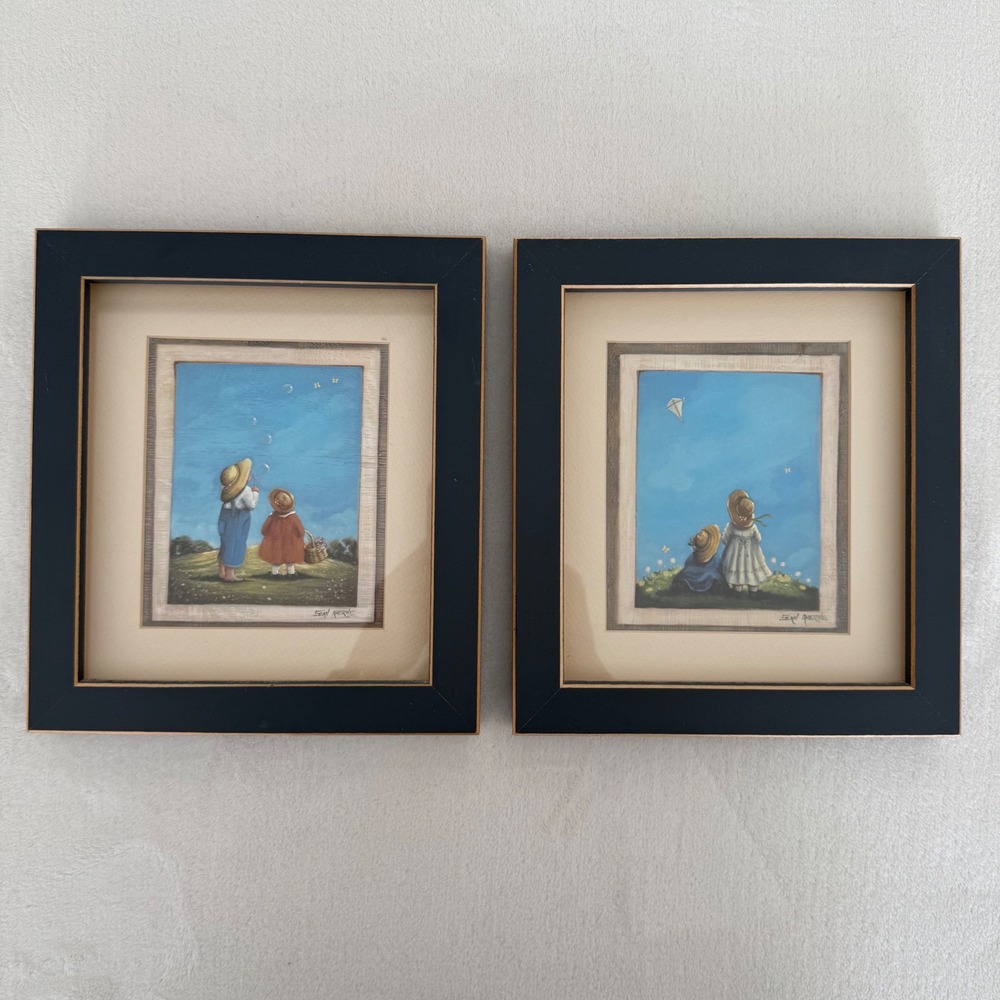 Sean Ahearne Children in Bonnets Bubbles Kite Set of 2 Pictures Framed Gallery